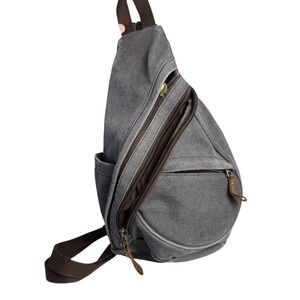 Lovevook Gray Canvas Saddlebag Sling Bag Leather Accents Crossbody Backpack